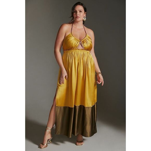 NWT Anthropologie 8 100% Silk Color blocked satin halter cut out Maxi Dress - Picture 1 of 13